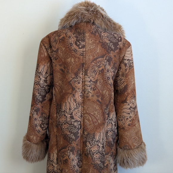 90s Does 70s VTG Penny Lane Trench Coat Afghan Paisley Print Faux Fur Trim 18 - Picture 15 of 16